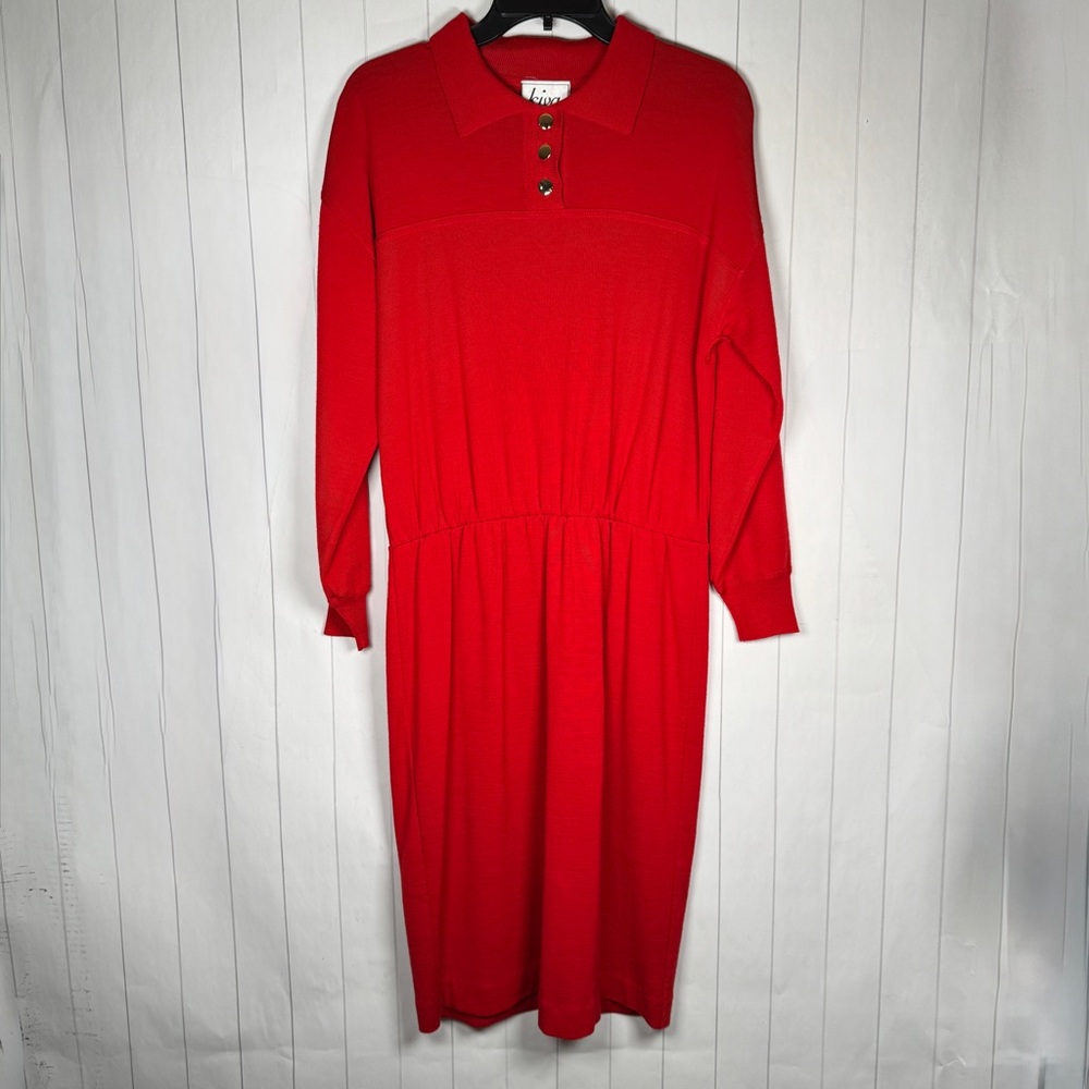 VTG 60s 70s Kiva Sport Red Knit Midi Dress Long Sleeve Modest Housewife size 12 - Picture 9 of 9